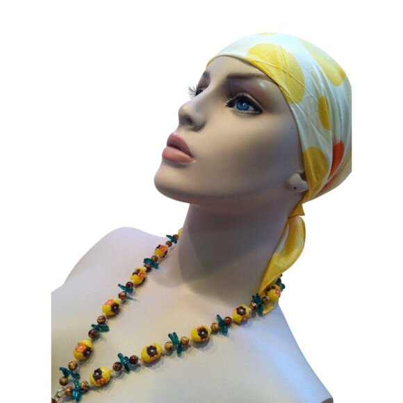 Yellow & Orange Polka Dot Head Scarf 22" Square Hand-Rolled 77% Rayon 23% Silk B - Picture 2 of 5